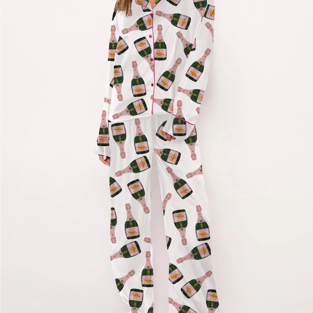 Women’s loungewear, silk, champagne bottles